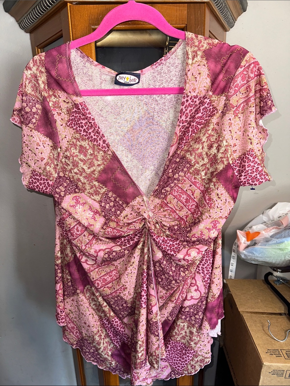 Zoey & Belle Pink Patchwork Twist-Front Blouse
